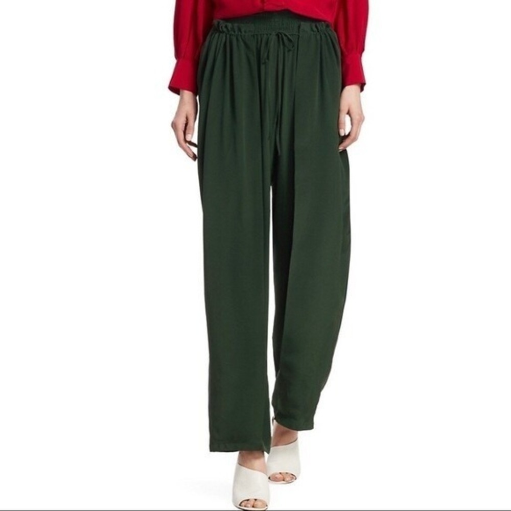 Sea New York Solange Forest Green Smocked Waist Wide Leg Silk Pants NWT 6